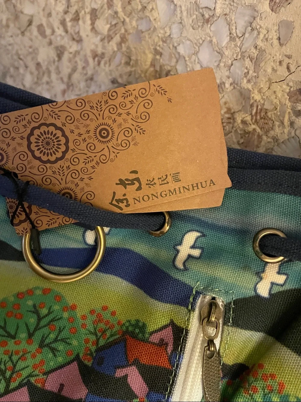 Scenic Canvas Shoulder Bag with Blue and Green Print